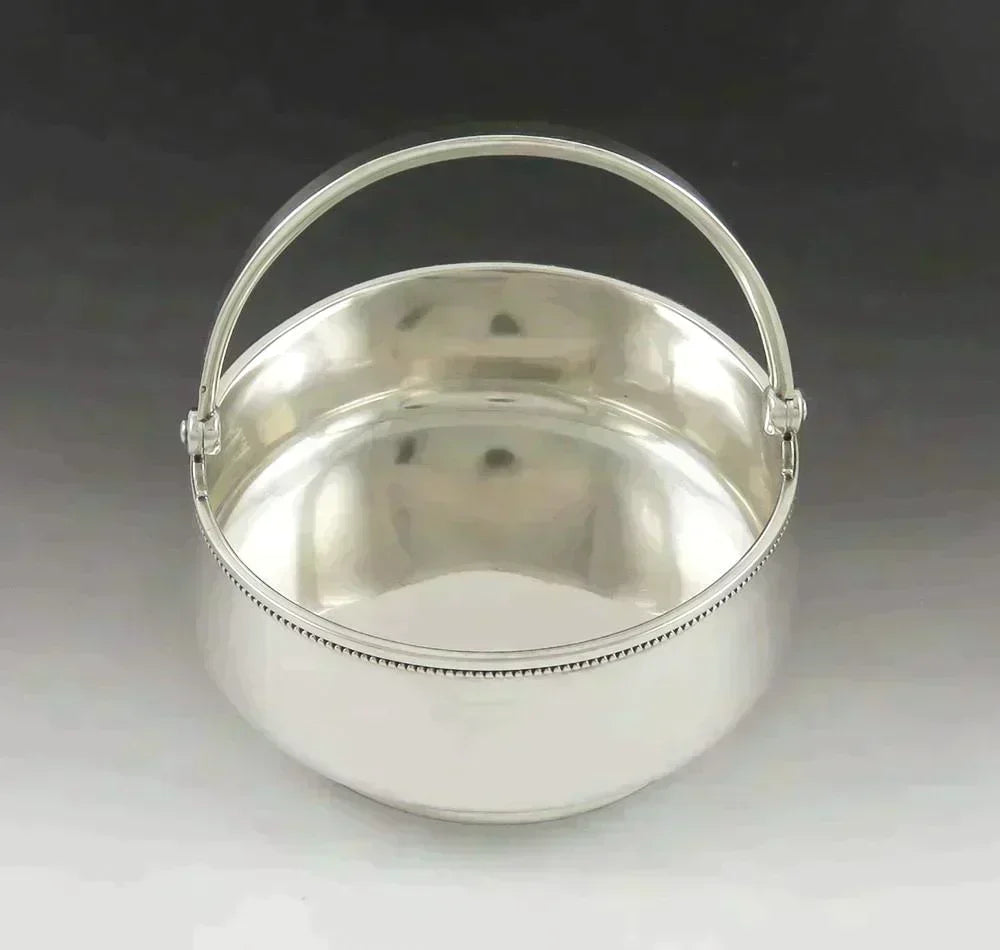 Antique c1890 Russian Silver Beaded Rim Swing Handle Basket Bowl/Dish NO MONO