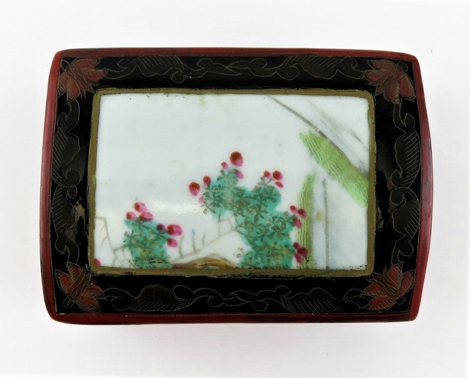 c1920s Antique Chinese Lacquer Box With Painted Roses on Porcelain Inlay