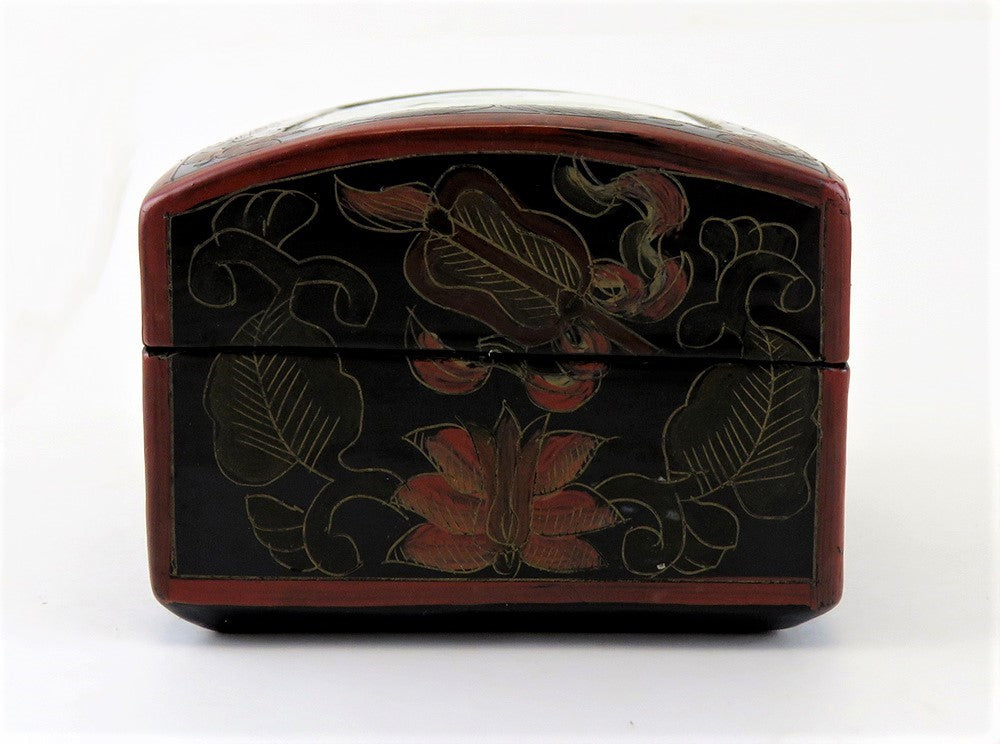 c1920s Antique Chinese Lacquer Box With Painted Roses on Porcelain Inlay