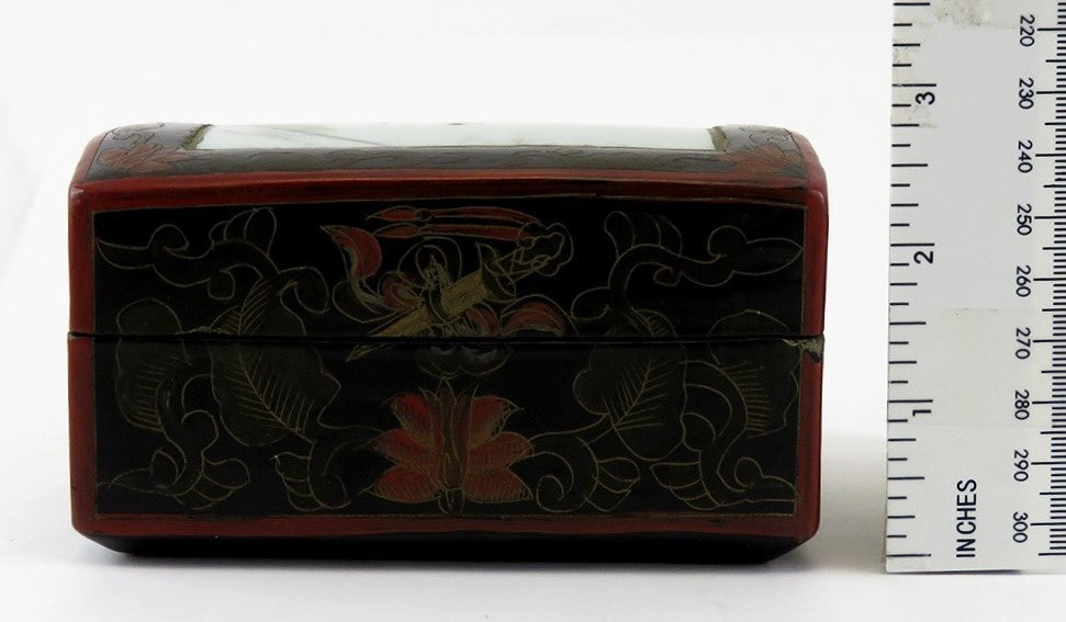 c1920s Antique Chinese Lacquer Box With Painted Roses on Porcelain Inlay