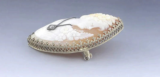 c1920 Carved Cameo Of A Pretty Young Woman 14k Gold Filigree Diamond Pin/Brooch