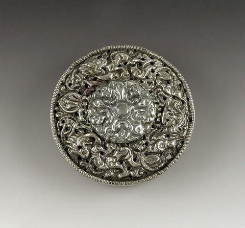 Antique 1890 Handcrafted Asian Silver Brass Mixed Metal Round Trinket Box 2 1/2"