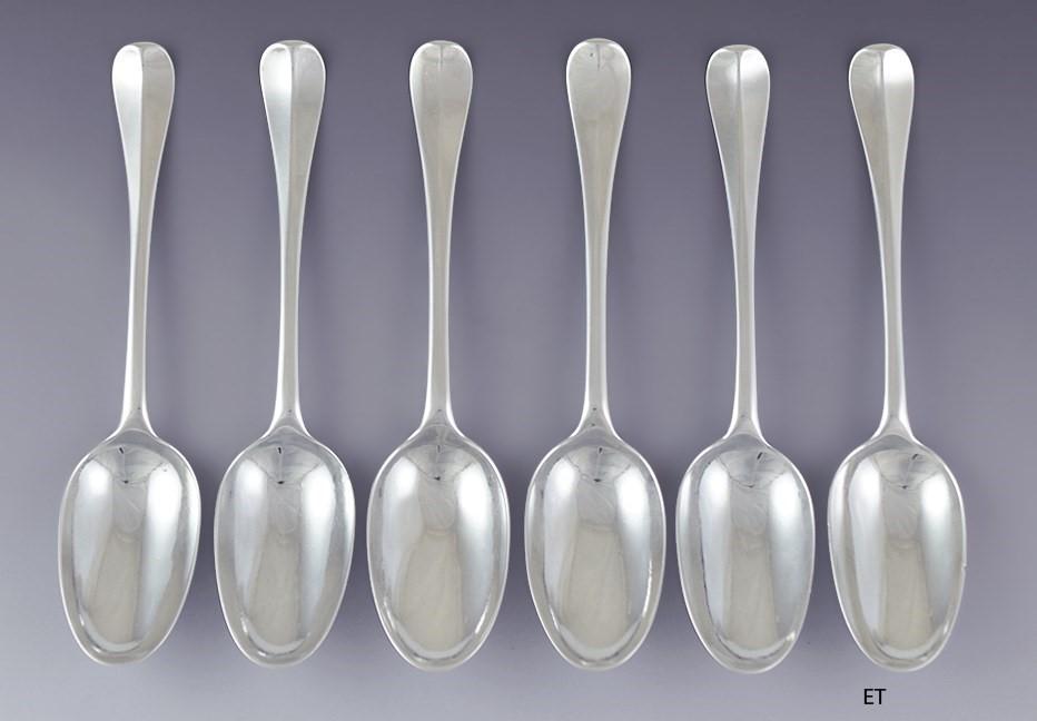 Superb Set 6 c1727 English Queen Anne Rattail 8" Soup Spoons w Greyhound Crest
