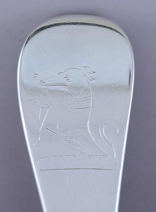 Superb Set 6 c1727 English Queen Anne Rattail 8" Soup Spoons w Greyhound Crest