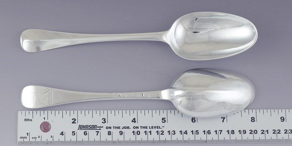 Superb Set 6 c1727 English Queen Anne Rattail 8" Soup Spoons w Greyhound Crest