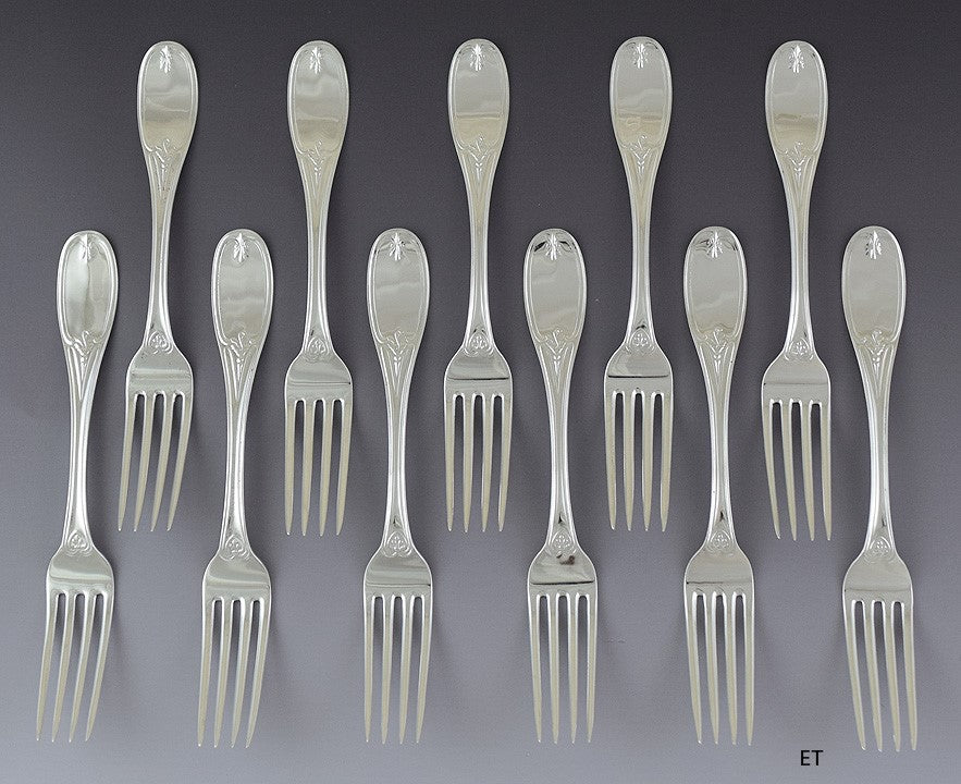 c1850s Superb set 11 American Coin Olive Tuscan Forks Palmer & Bachelder