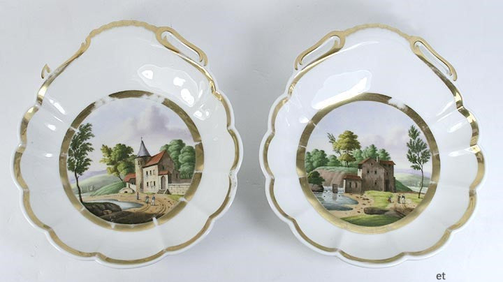 c1840s Hand Painted Gilt Porcelain Shrimp Bowls Dishes