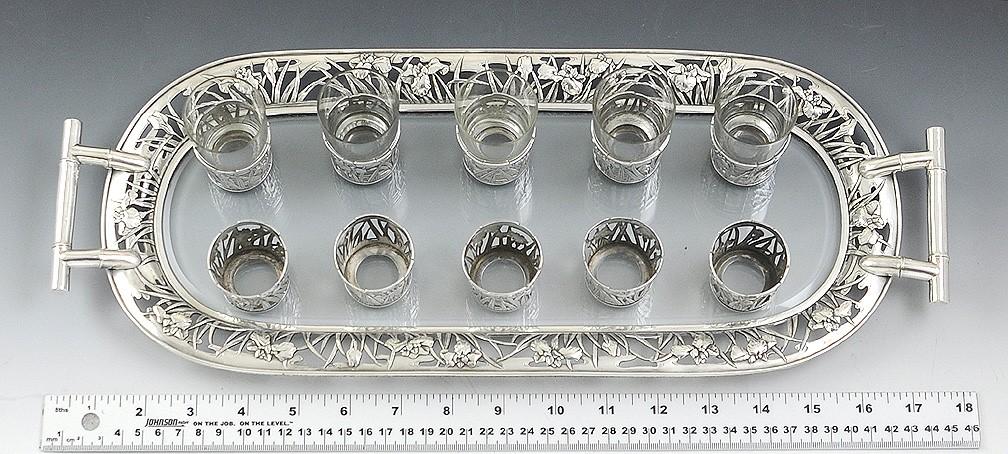 1890-1915 Japanese Art Nouveau Set Of Silver Overlay Cordials W/Silver Tray