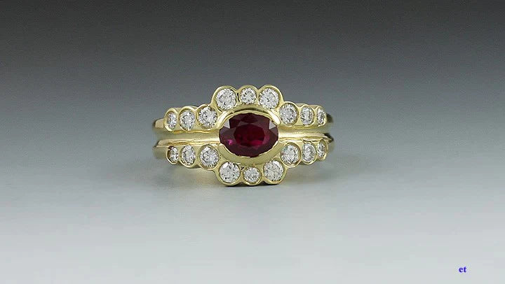 Superb 18K Yellow Gold 1ct Red Ruby 2/3ct Brilliant Diamond Band Ring Size 5.75