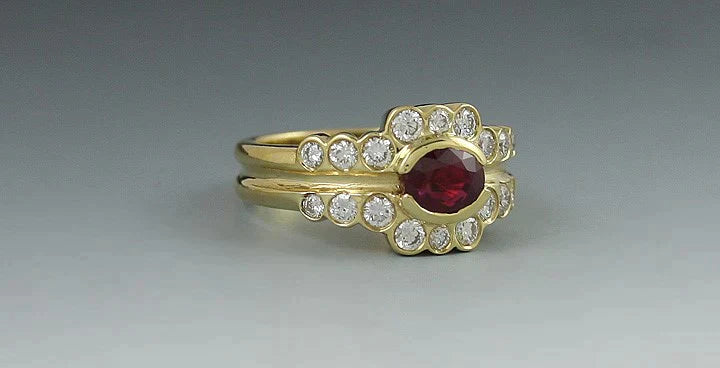 Superb 18K Yellow Gold 1ct Red Ruby 2/3ct Brilliant Diamond Band Ring Size 5.75
