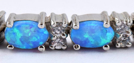 Beautiful Sterling Silver Synthetic Opal and Diamond Bracelet, 6 3/4"
