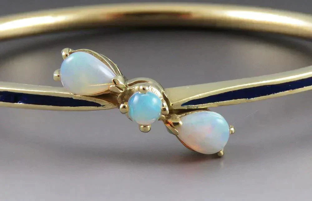 Vintage Retro 14K Yellow Gold Enamel Natural 3 Opal Gemstone Bangle Bracelet