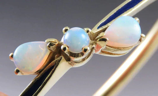 Vintage Retro 14K Yellow Gold Enamel Natural 3 Opal Gemstone Bangle Bracelet