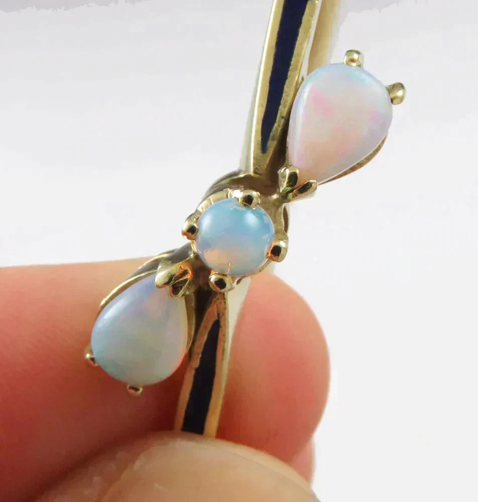 Vintage Retro 14K Yellow Gold Enamel Natural 3 Opal Gemstone Bangle Bracelet