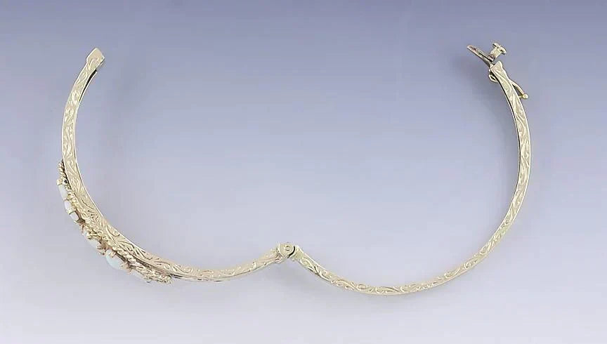 Stunning Vtg 14k Gold & Opal Hinged Bracelet