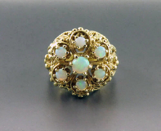 Fine 14K Yellow Gold 7 Natural Opal Cabochon Large Cluster Statement Ring