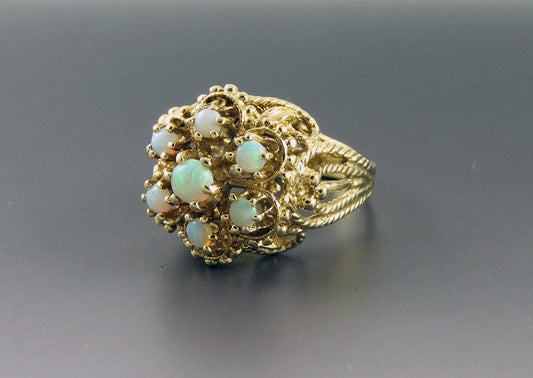 Fine 14K Yellow Gold 7 Natural Opal Cabochon Large Cluster Statement Ring