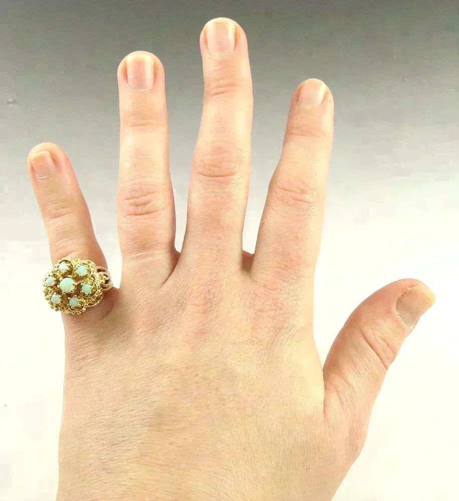 Fine 14K Yellow Gold 7 Natural Opal Cabochon Large Cluster Statement Ring
