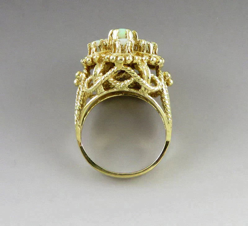 Fine 14K Yellow Gold 7 Natural Opal Cabochon Large Cluster Statement Ring