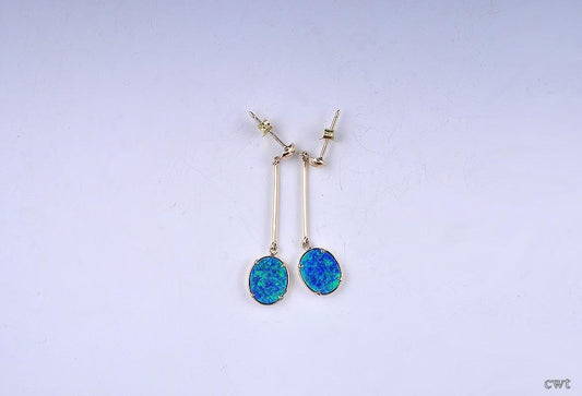 Outstanding Modern 14k Gold and Blue Fiery Opal Dangling Pierced Earrings