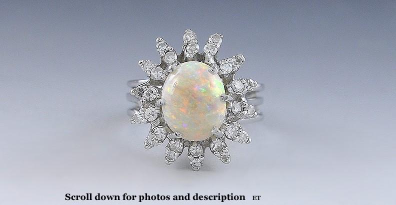 Elegant Opal Cabochon and 14k White Gold Diamond Halo Ring Size 6