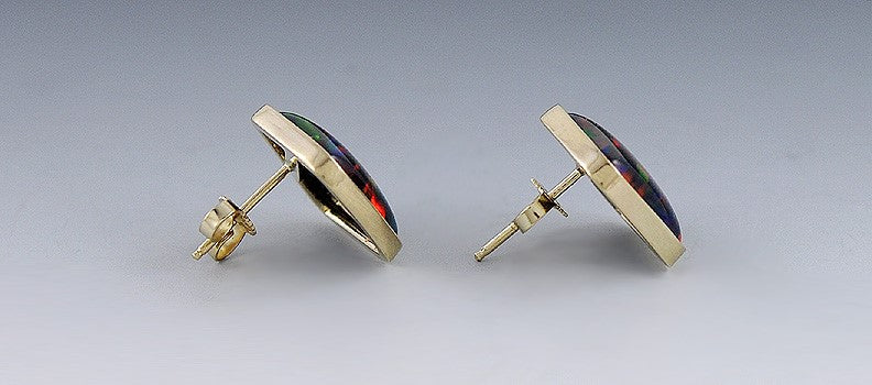 Stunning Pair Black Opal 14k Gold Post Earrings