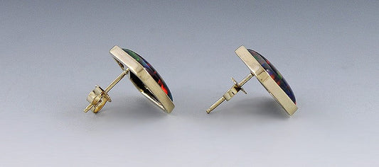 Stunning Pair Black Opal 14k Gold Post Earrings