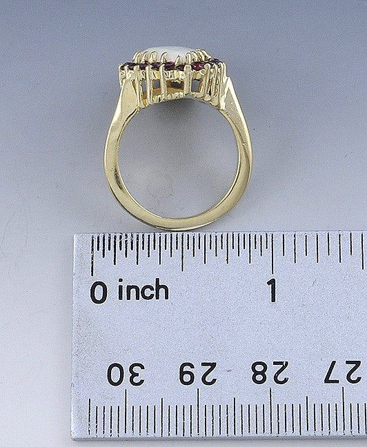 Attractive 14K Gold Ring w/ Teardrop Opal & Rubies Halo Cocktail Ring Size 6.75