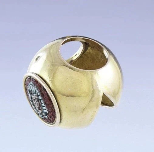 Italian 18K Gold & Micro Mosaic Egyptian Revival Scarf Ring c1880