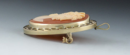 Pretty 14K Yellow Gold Openwork Hand Carved Cameo of a Young Woman Pin Pendant