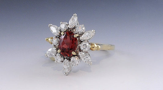 Fiery 14K 2-Tone Gold Blood Orange Sapphire and Diamond Ring Size 9