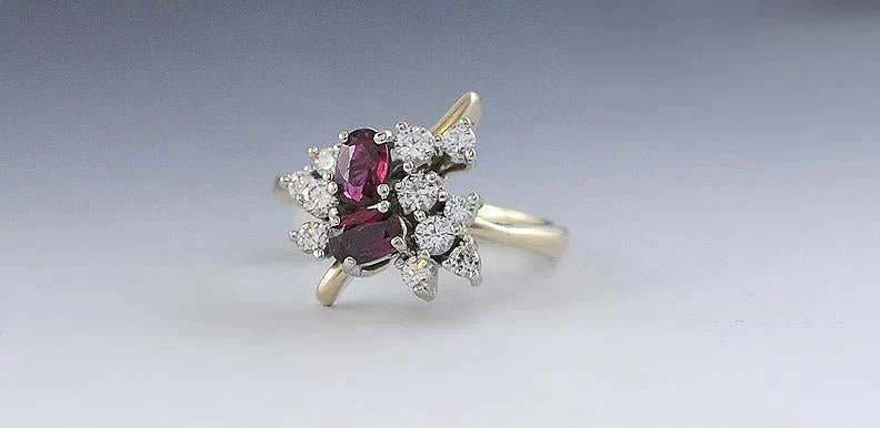 Vintage 14k Yellow Gold Diamond Ruby Gemstone Asymmetrical Ring Artisan Jewelry