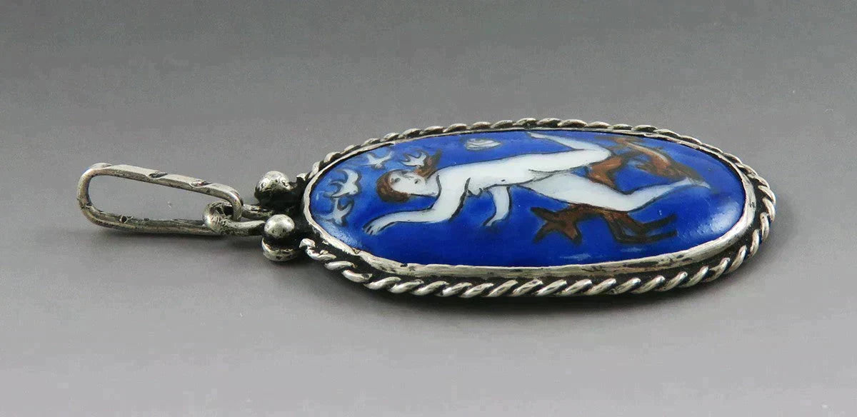 Neat Sterling Silver Hand Painted Porcelain Pendant of Artemis Running Nude