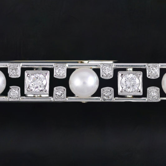 Stunning Retro 14k Gold 2-Tone Diamond Pearl Bar Pin Brooch