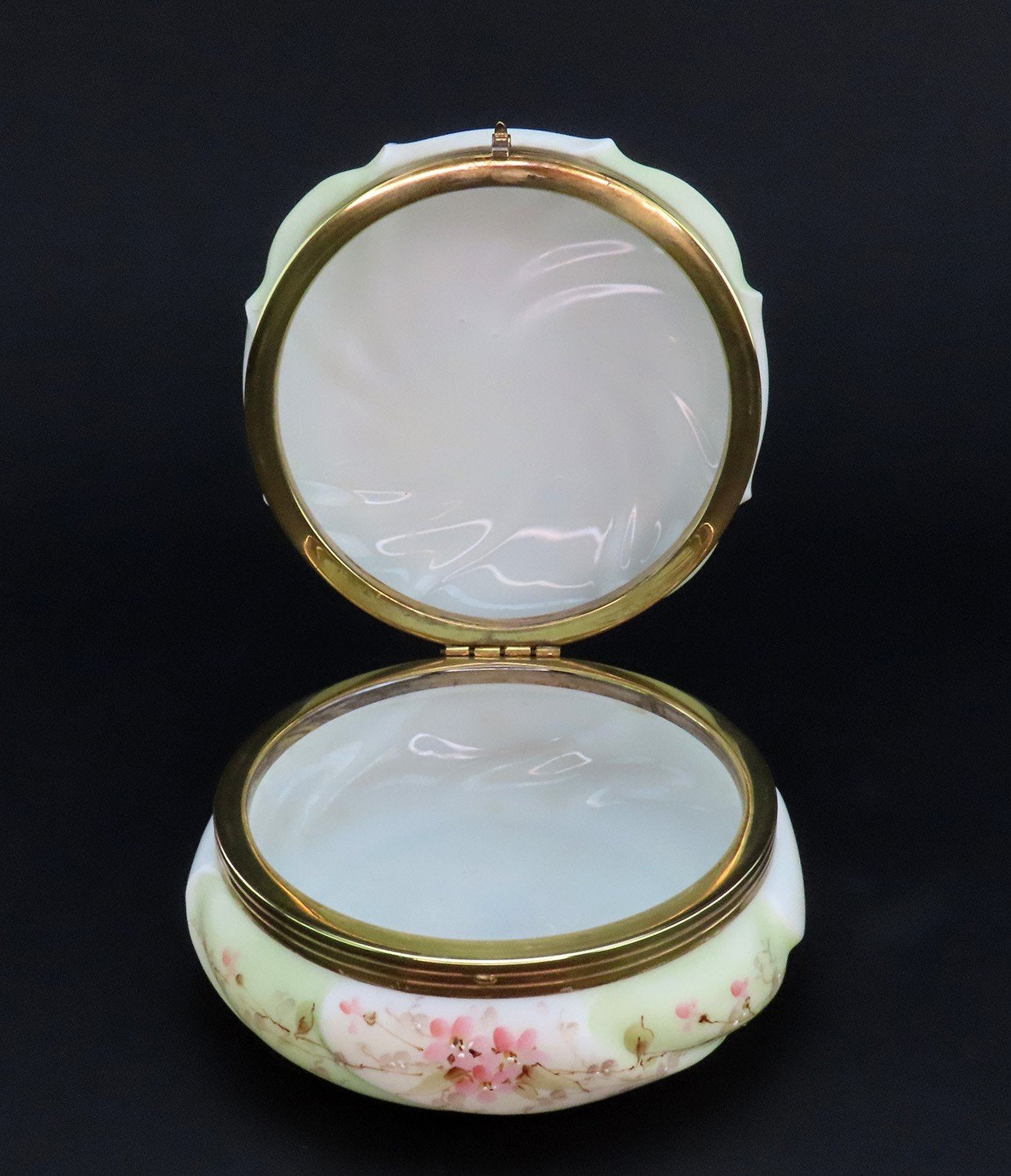 c1900 Rare C.F. Monroe Wavecrest Green Flowers Hand Painted Dresser Jewelry Box