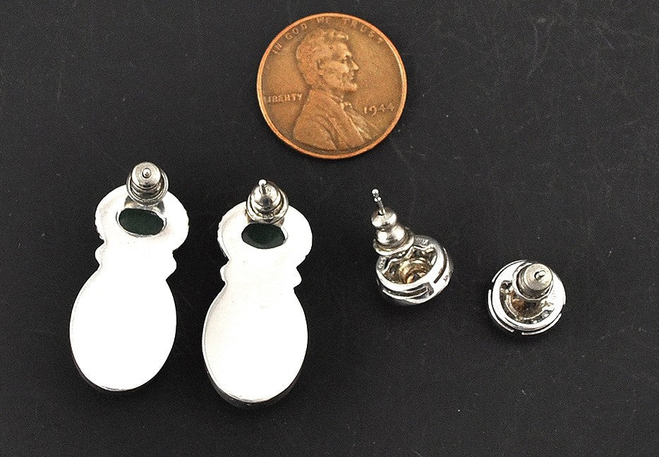 2 Pairs Sterling Silver Genuine Green Stone and CZ Earrings Pierced