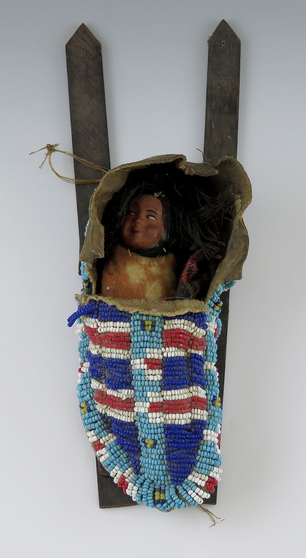 Antique Authentic Sioux or Kiowa Full Beaded Hide Moccasin Cradle Board Papoose