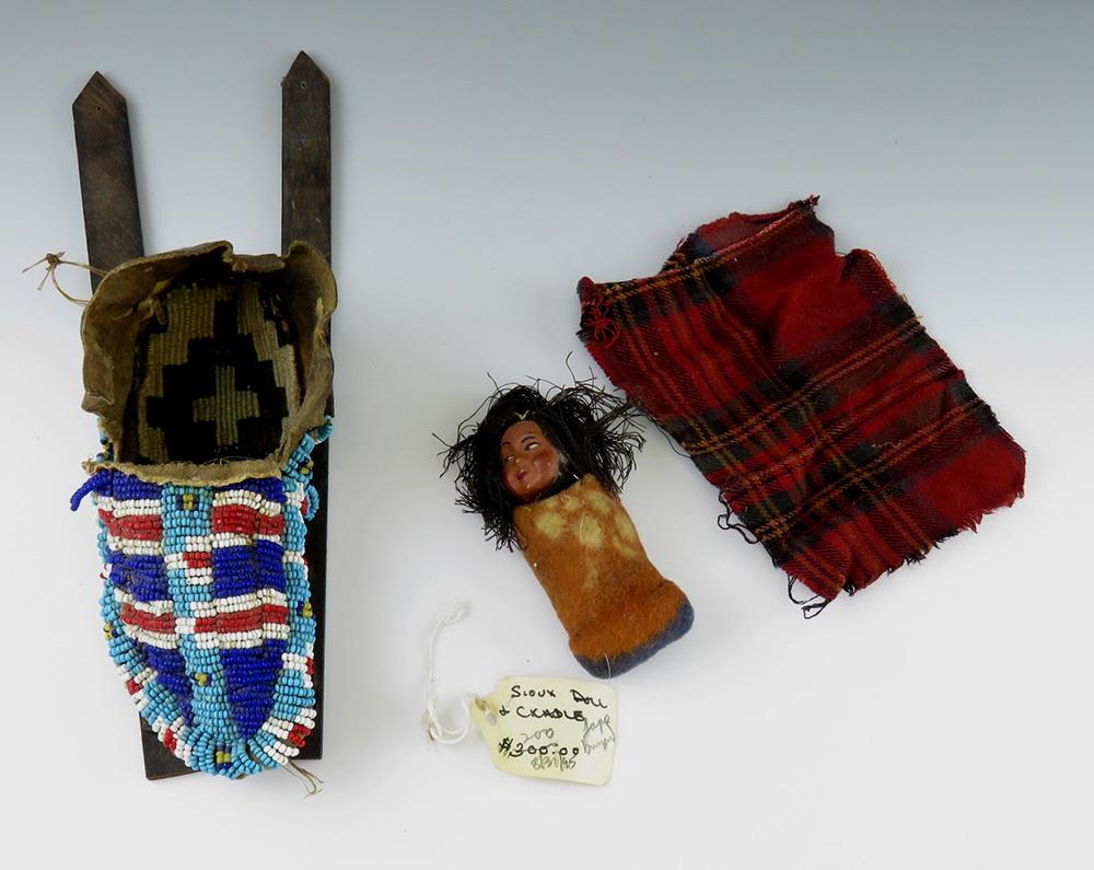 Antique Authentic Sioux or Kiowa Full Beaded Hide Moccasin Cradle Board Papoose