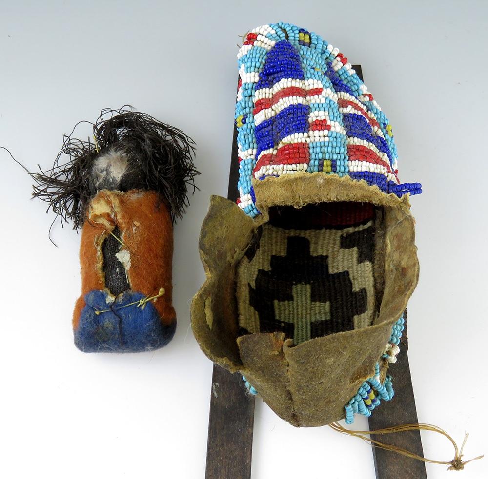 Antique Authentic Sioux or Kiowa Full Beaded Hide Moccasin Cradle Board Papoose