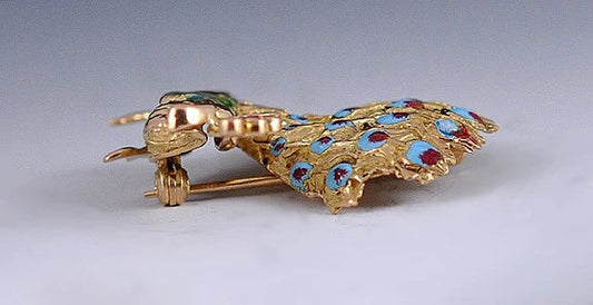 Pretty 18k Gold Colorful Enameled Peacock Pin Brooch