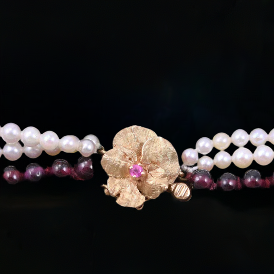 Pretty Pearl and Garnet Beaded Collar-Style Necklace w/ 14k Gold and Ruby Clasp