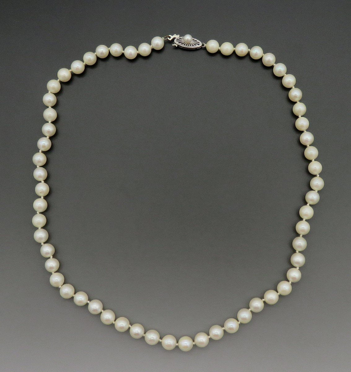 Antique Individually Knotted Strand of 6 mm Pearls w/ 14K White Gold Clasp