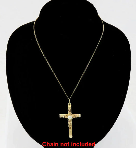 Vintage 14K Yellow Gold & Pearl Religious Catholic Cross Necklace Pendant