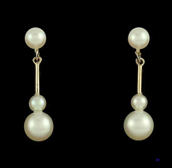 14k Yellow Gold and 3 Pearl Drop Dangle Earrings