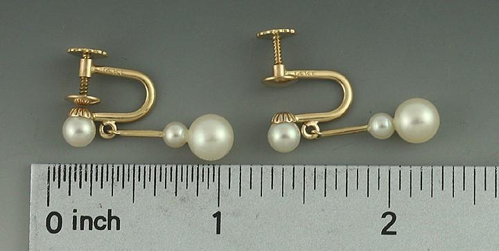 14k Yellow Gold and 3 Pearl Drop Dangle Earrings