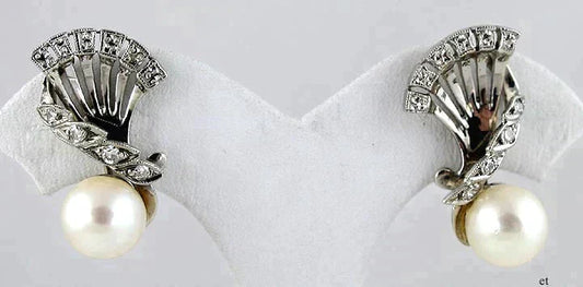 Charming 14k White Gold Diamond & Pearl Earrings