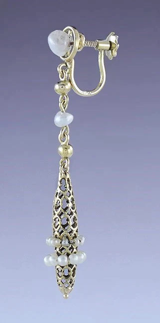 c1920s-1930s Lovely Pair 14k Gold & Pearl Honeycomb Drop Dangle Earrings