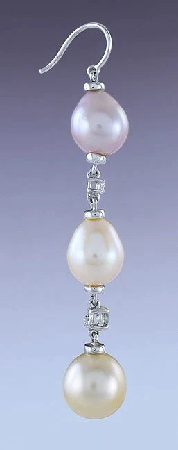 Beautiful Pair 18k White Gold Diamond Sapphire & Pearl Dangle Earrings