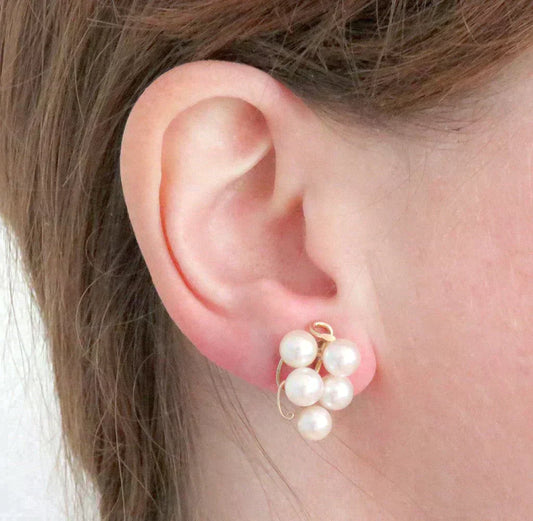 Beautiful Pair Japanese 14K Yellow Gold Pearl Cluster Screw-Back Earrings