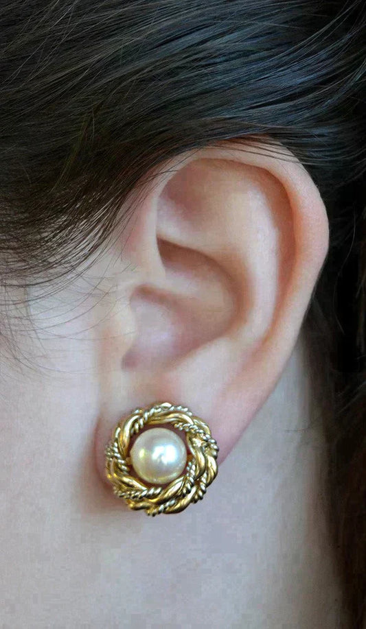 Beautiful Italian 18K Two Tone Gold Pearl Rope & Pearl Clip Earrings